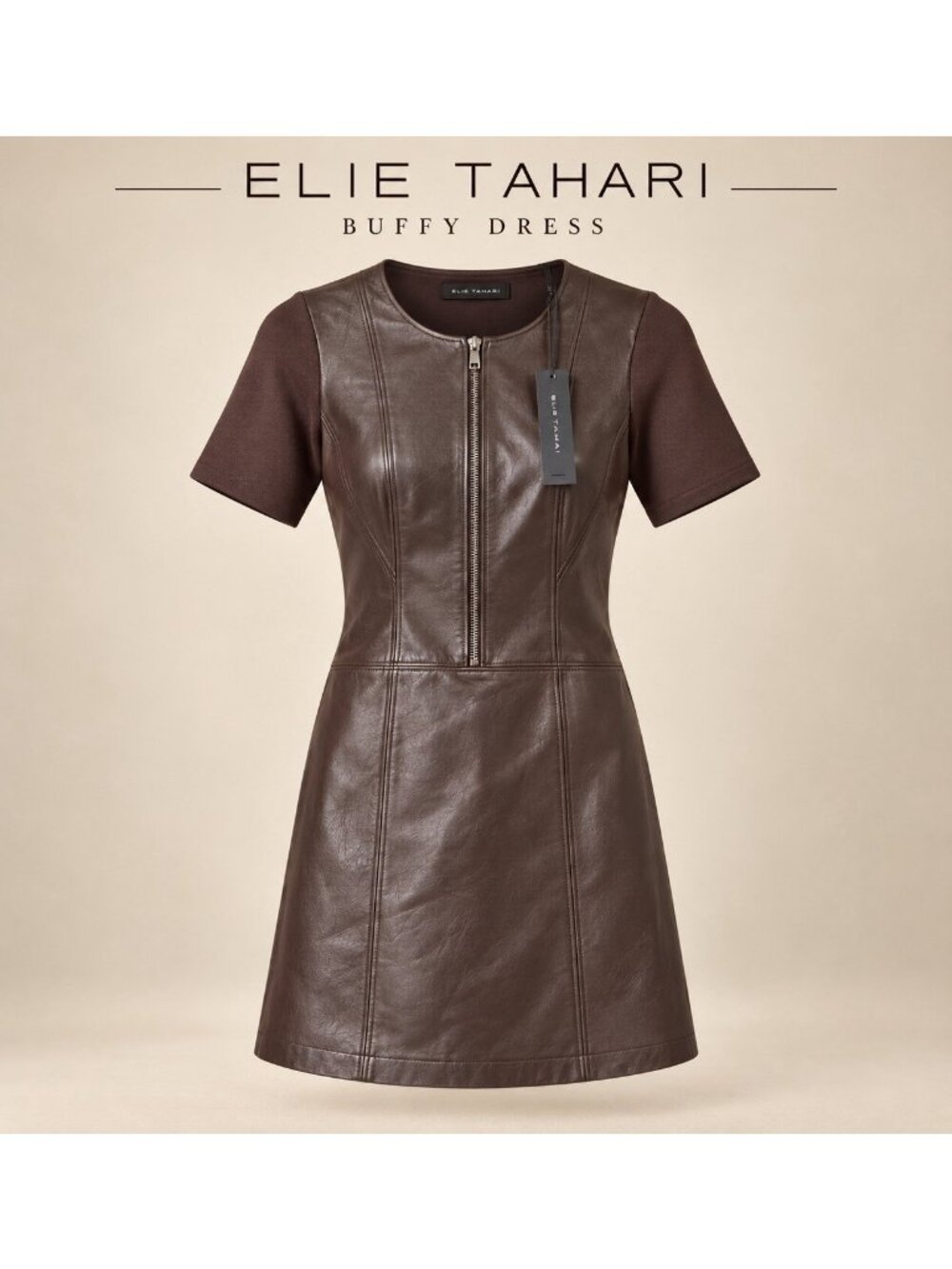 Elie Tahari Buffy Truffle Brown Lambskin Leather Ponte Mini Dress Size 0 NWT